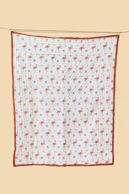 Shop Jaipur Gate White Muslin Printed Flamingo And Leaves Baby Razai at Aza Fashions Shop_Jaipur Gate_White Muslin Printed Flamingo And Leaves Baby Razai_at_Aza_Fashions