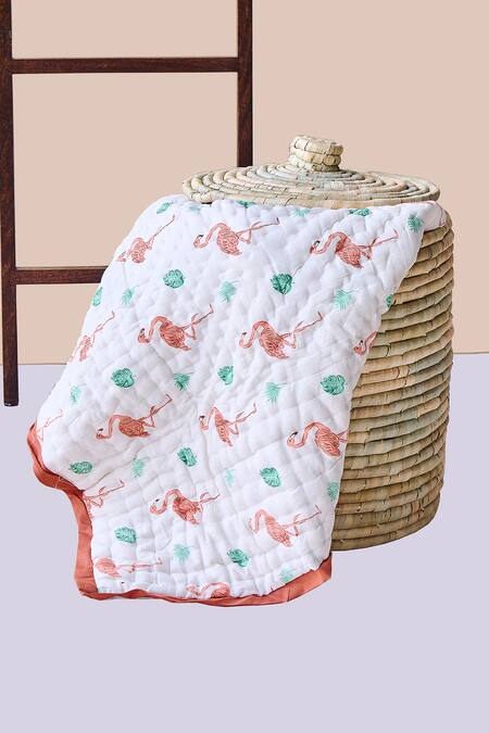 Shop Jaipur Gate White Muslin Printed Flamingo And Leaves Baby Razai Online at Aza Fashions Shop_Jaipur Gate_White Muslin Printed Flamingo And Leaves Baby Razai_Online_at_Aza_Fashions