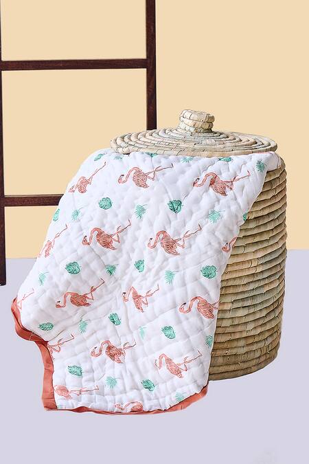 Jaipur Gate White Muslin Printed Flamingo And Leaves Baby Razai at Aza Fashions Jaipur Gate_White Muslin Printed Flamingo And Leaves Baby Razai_at_Aza_Fashions