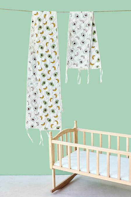 Shop_Jaipur Gate_White Muslin Printed Avocado And Banana Baby Bed Bumper 2 Pcs Set_at_Aza_Fashions