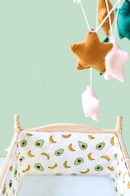 Shop_Jaipur Gate_White Muslin Printed Avocado And Banana Baby Bed Bumper 2 Pcs Set_Online_at_Aza_Fashions