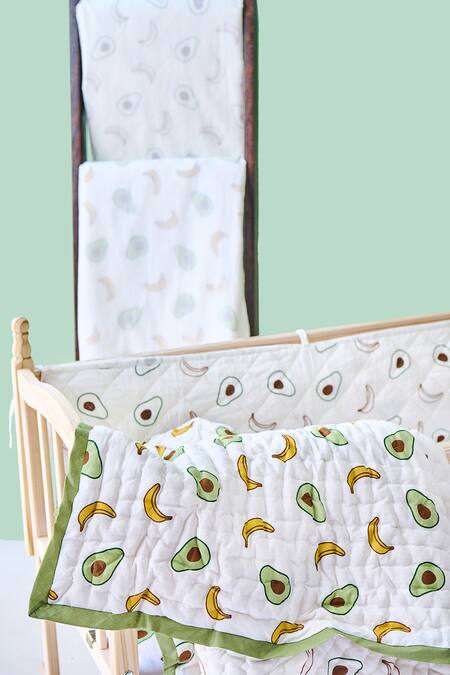 Shop Jaipur Gate White Muslin Printed Avocado And Banana Baby Cot Set at Aza Fashions Shop_Jaipur Gate_White Muslin Printed Avocado And Banana Baby Cot Set_at_Aza_Fashions
