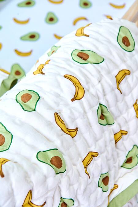 Jaipur Gate White Muslin Printed Avocado And Banana Baby Cot Set Online at Aza Fashions Jaipur Gate_White Muslin Printed Avocado And Banana Baby Cot Set_Online_at_Aza_Fashions