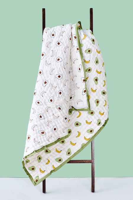 Shop Jaipur Gate White Muslin Printed Avocado And Banana Baby Razai at Aza Fashions Shop_Jaipur Gate_White Muslin Printed Avocado And Banana Baby Razai_at_Aza_Fashions