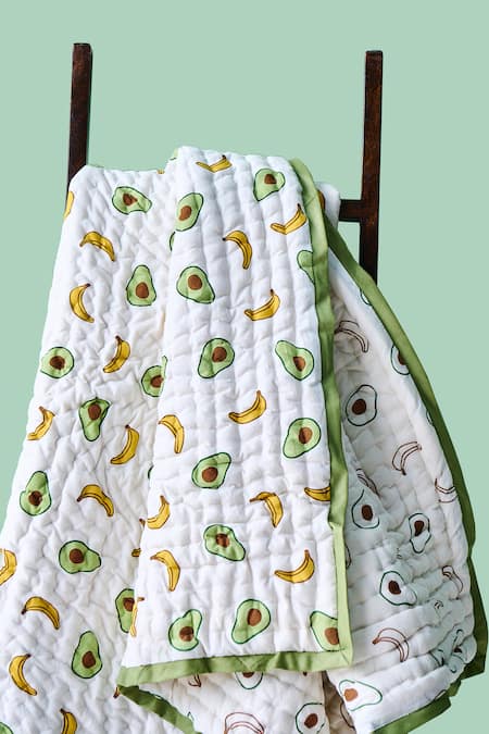 Shop Jaipur Gate White Muslin Printed Avocado And Banana Baby Razai Online at Aza Fashions Shop_Jaipur Gate_White Muslin Printed Avocado And Banana Baby Razai_Online_at_Aza_Fashions
