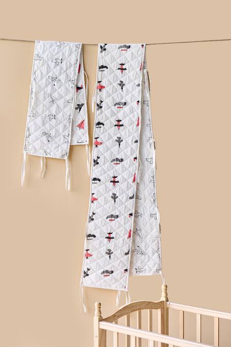 Shop_Jaipur Gate_White Muslin Printed Jet Plane Baby Bed Bumper 2 Pcs Set_at_Aza_Fashions