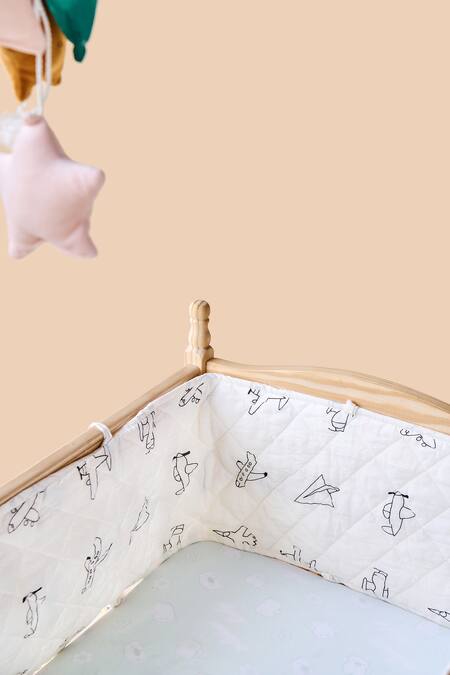 Jaipur Gate_White Muslin Printed Jet Plane Baby Bed Bumper 2 Pcs Set_Online_at_Aza_Fashions