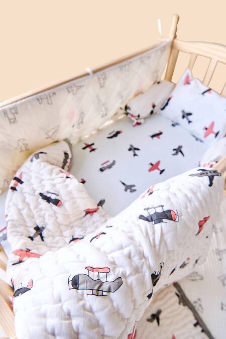 Shop Jaipur Gate White Muslin Printed Jet Plane Baby Cot Set at Aza Fashions Shop_Jaipur Gate_White Muslin Printed Jet Plane Baby Cot Set_at_Aza_Fashions