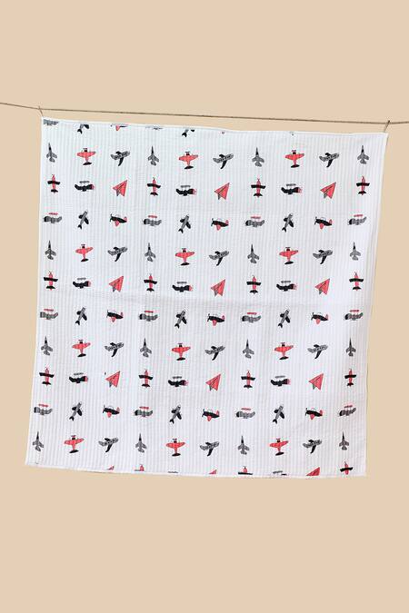 Shop Jaipur Gate White Muslin Printed Jet Plane Baby Playmat Online at Aza Fashions Shop_Jaipur Gate_White Muslin Printed Jet Plane Baby Playmat_Online_at_Aza_Fashions