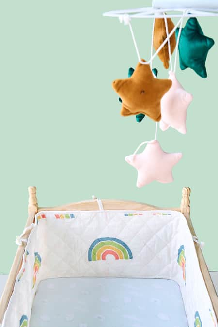 Shop Jaipur Gate White Muslin Printed Rainbow Baby Bed Bumper 2 Pcs Set Online at Aza Fashions Shop_Jaipur Gate_White Muslin Printed Rainbow Baby Bed Bumper 2 Pcs Set_Online_at_Aza_Fashions