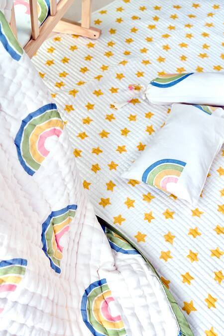 Shop Jaipur Gate White Muslin Printed Reversible Rainbow Baby Razai at Aza Fashions Shop_Jaipur Gate_White Muslin Printed Reversible Rainbow Baby Razai_at_Aza_Fashions
