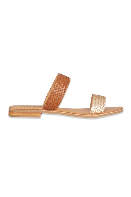 Nine By Janine_Gold Textured Genuine Leather Flats _Online_at_Aza_Fashions
