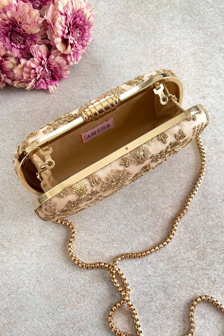 Amyra_Beige Embroidery, Sequins Ada Floral Clutch _at_Aza_Fashions