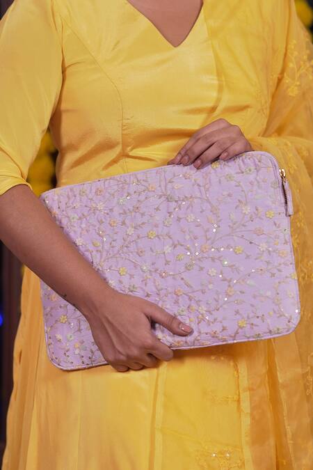 Buy_Amyra_Purple Blossom Embroidered Laptop Sleeve_Online_at_Aza_Fashions