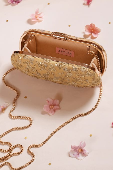 Shop Amyra Gold Embroidery, Sequins Elan Zari Clutch at Aza Fashions Shop_Amyra_Gold Embroidery, Sequins Elan Zari Clutch _at_Aza_Fashions