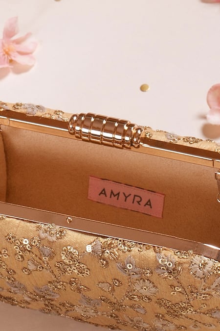 Shop Amyra Gold Embroidery, Sequins Elan Zari Clutch Shop_Amyra_Gold Embroidery, Sequins Elan Zari Clutch