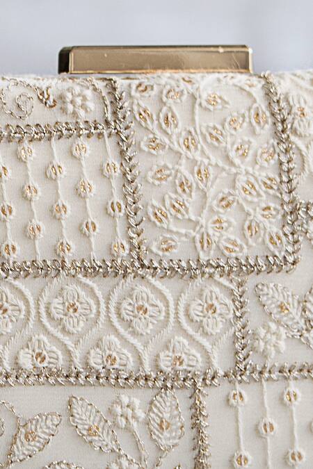 Buy_Amyra_White Sequins, Zari Mosaic Luxe Embroidered Clutch_Online_at_Aza_Fashions