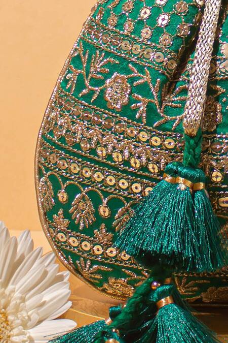 Buy_Amyra_Green Sequins, Zari, Embroidery Resham Silk Potli Bag_Online_at_Aza_Fashions