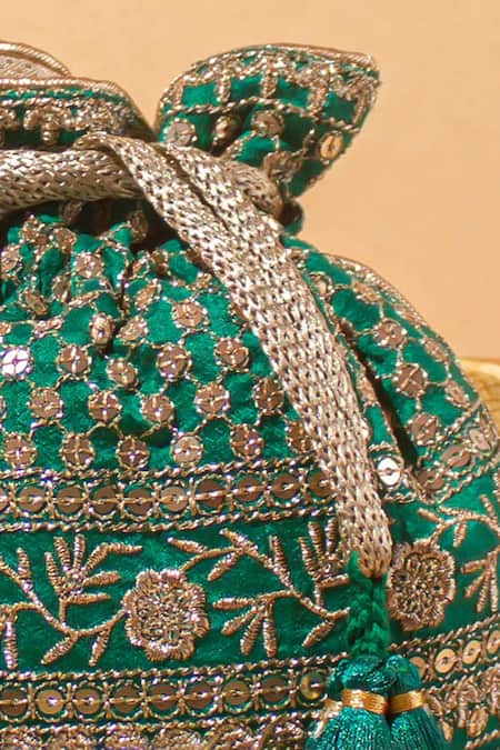 Shop_Amyra_Green Sequins, Zari, Embroidery Resham Silk Potli Bag_Online_at_Aza_Fashions