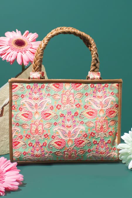Floral Cotton Tote Bag Hand-Painted in Pink and Green Hues