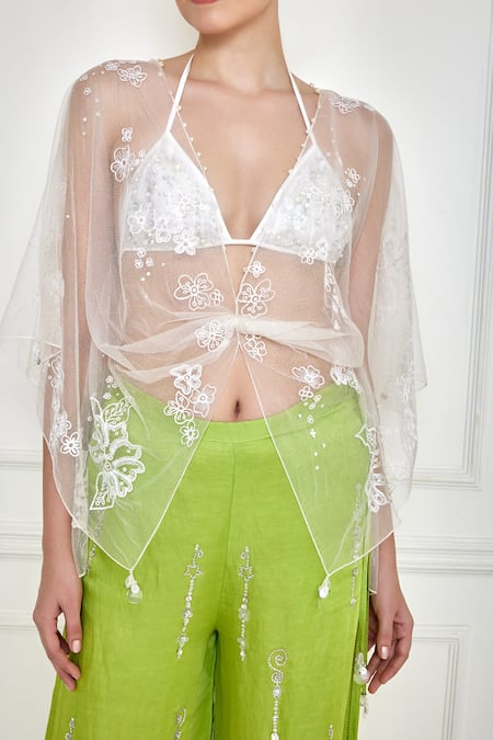 Dilnaz_White Net Tassels V-neck Floral Thread Embroidered Kaftan_Online_at_Aza_Fashions