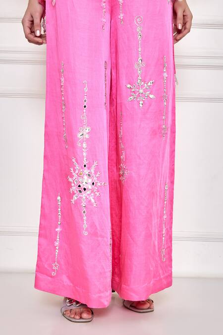 Shop Dilnaz Pink Satin Linen Hand Embroidered Diamante Stones Wide Legged Trouser at Aza Fashions Shop_Dilnaz_Pink Satin Linen Hand Embroidered Diamante Stones Wide Legged Trouser _at_Aza_Fashions