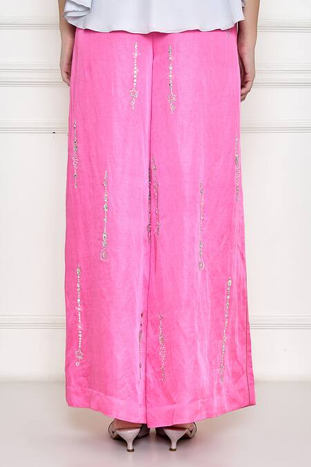 Dilnaz Pink Satin Linen Hand Embroidered Diamante Stones Wide Legged Trouser Online at Aza Fashions Dilnaz_Pink Satin Linen Hand Embroidered Diamante Stones Wide Legged Trouser _Online_at_Aza_Fashions
