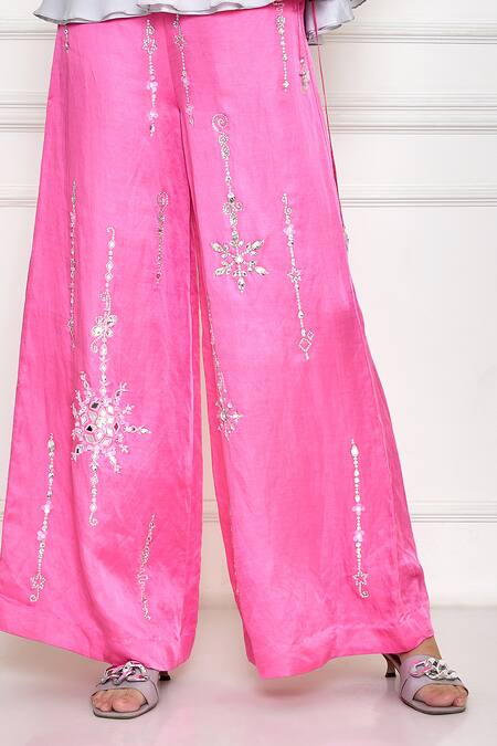 Buy Dilnaz Pink Satin Linen Hand Embroidered Diamante Stones Wide Legged Trouser Online at Aza Fashions Buy_Dilnaz_Pink Satin Linen Hand Embroidered Diamante Stones Wide Legged Trouser _Online_at_Aza_Fashions