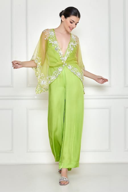 DILNAZ Green Net Embroidery Thread Plunge Mirror Draped Kaftan With Jumpsuit  