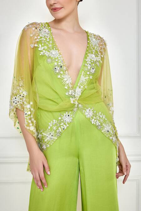 Dilnaz_Green Net, Cotton Satin Beads, Mirrors, Embroidery, Draped Kaftan With Jumpsuit_Online_at_Aza_Fashions