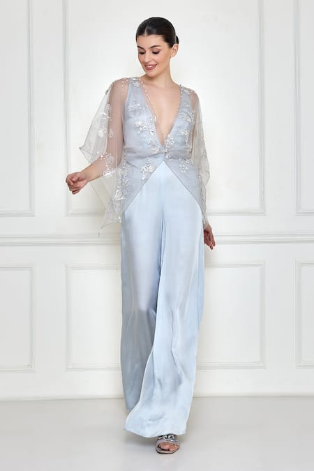 DILNAZ Sequin Embroidered Draped Kaftan With Jumpsuit 