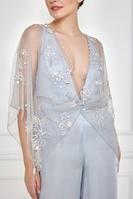 Dilnaz_Gray Net Embroidery Thread Plunge V Neck Kaftan And Jumpsuit Set_Online_at_Aza_Fashions