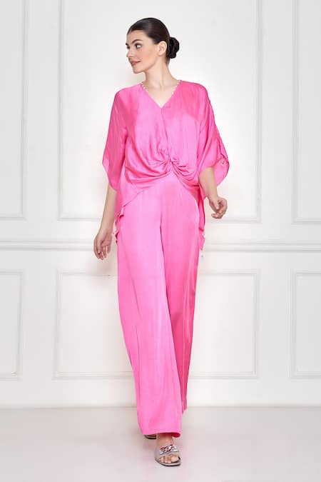 Buy Pink Cotton Satin Embroidery Pearl V Neck Draped Kaftan With