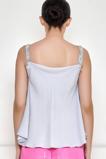 Shop Dilnaz Grey Georgette Embroidery Sequin Scoop Neck Strap Camisole at Aza Fashions Shop_Dilnaz_Grey Georgette Embroidery Sequin Scoop Neck Strap Camisole _at_Aza_Fashions