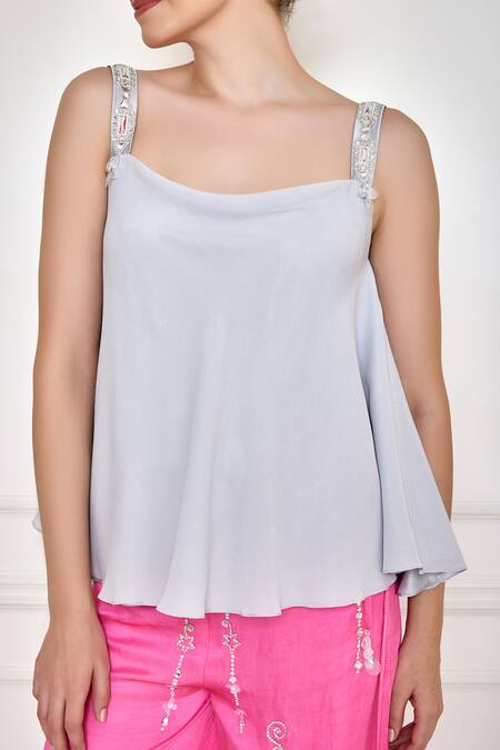 Dilnaz Grey Georgette Embroidery Sequin Scoop Neck Strap Camisole Online at Aza Fashions Dilnaz_Grey Georgette Embroidery Sequin Scoop Neck Strap Camisole _Online_at_Aza_Fashions