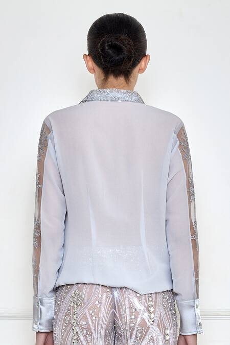 Shop_Dilnaz_Grey Georgette Embroidery Thread Spread Collar Sleeve Shirt  _at_Aza_Fashions
