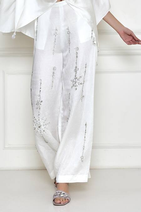 Dilnaz_White Satin Linen Embroidery Diamante Placement Trouser _Online_at_Aza_Fashions