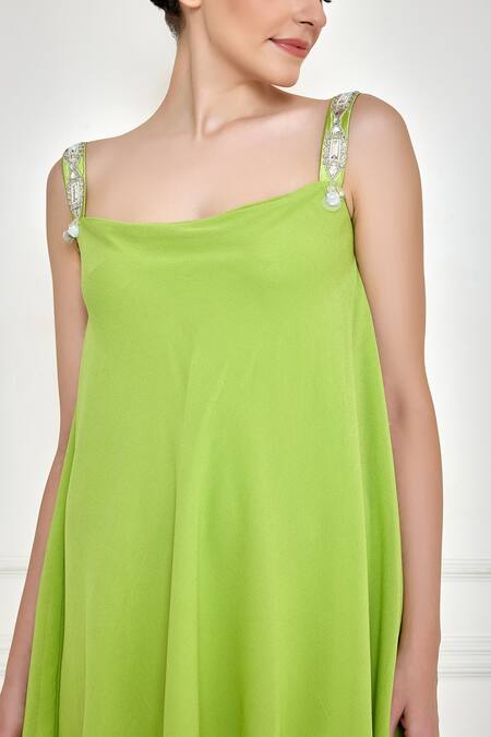 Dilnaz_Green Georgette Embroidery Sequin Scoop Jewel Strap Camisole Dress _Online_at_Aza_Fashions