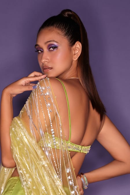 Dilnaz_Green Net Embroidery Sequin Sweetheart Neck Bustier _Online_at_Aza_Fashions