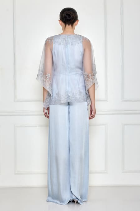 Shop Dilnaz Grey Net Embroidery Thread Plunge V Neck Border Kaftan With Jumpsuit at Aza Fashions Shop_Dilnaz_Grey Net Embroidery Thread Plunge V Neck Border Kaftan With Jumpsuit _at_Aza_Fashions