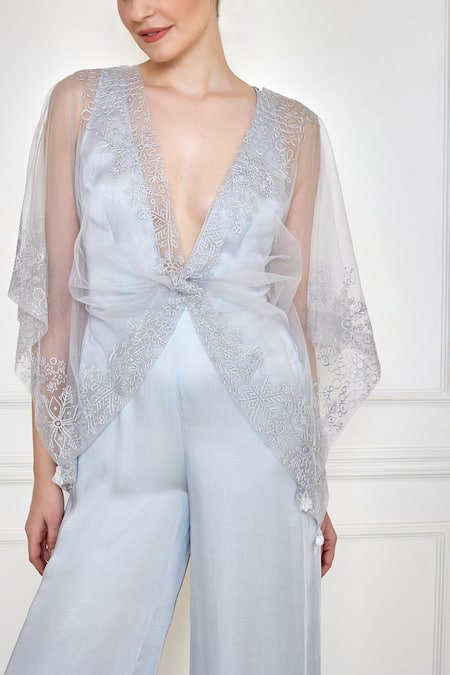 Dilnaz Grey Net Embroidery Thread Plunge V Neck Border Kaftan With Jumpsuit Online at Aza Fashions Dilnaz_Grey Net Embroidery Thread Plunge V Neck Border Kaftan With Jumpsuit _Online_at_Aza_Fashions