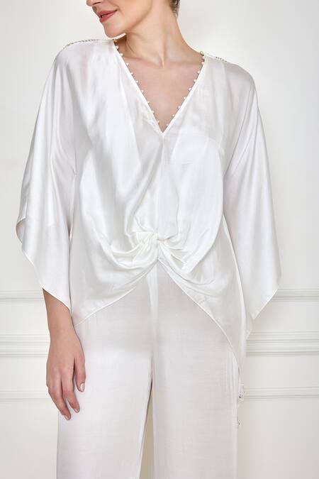 Dilnaz White Cotton Satin Pearls, Feathers V-neck Kaftan With Jumpsuit Online at Aza Fashions Dilnaz_White Cotton Satin Pearls, Feathers V-neck Kaftan With Jumpsuit_Online_at_Aza_Fashions