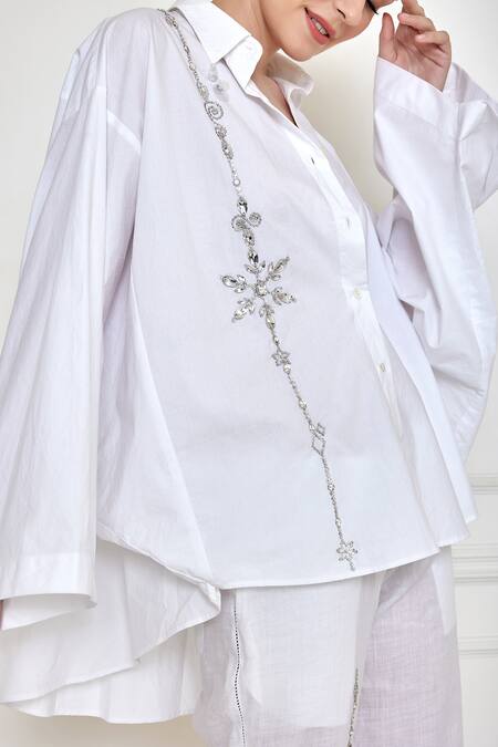 Dilnaz_White Cotton, Lycra Diamonds Collared Embellished Shirt_Online_at_Aza_Fashions