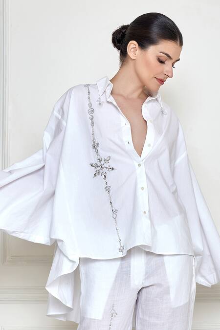 Buy_Dilnaz_White Cotton, Lycra Diamonds Collared Embellished Shirt_Online_at_Aza_Fashions