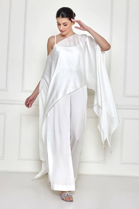 DILNAZ White Cotton Satin Asymmetric Over Layer With Jumpsuit  