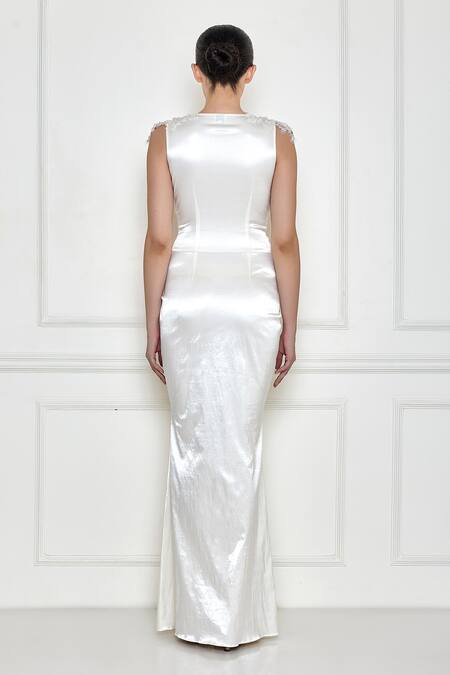 Shop Dilnaz White Satin Embroidery V-neck Shoulder Draped Gown at Aza Fashions Shop_Dilnaz_White Satin Embroidery V-neck Shoulder Draped Gown_at_Aza_Fashions