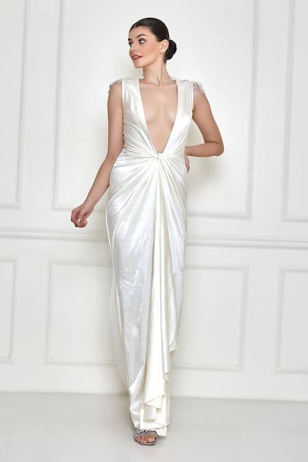 Buy Dilnaz White Satin Embroidery V-neck Shoulder Draped Gown Online at Aza Fashions Buy_Dilnaz_White Satin Embroidery V-neck Shoulder Draped Gown_Online_at_Aza_Fashions