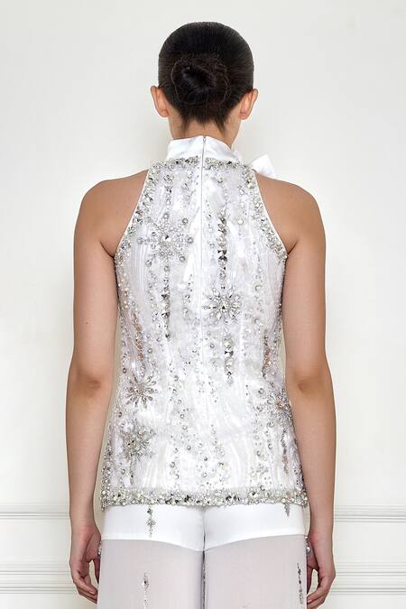 Shop Dilnaz White Net And Polyester Satin Embroidered Sequin Tie-up Kurta at Aza Fashions Shop_Dilnaz_White Net And Polyester Satin Embroidered Sequin Tie-up Kurta _at_Aza_Fashions