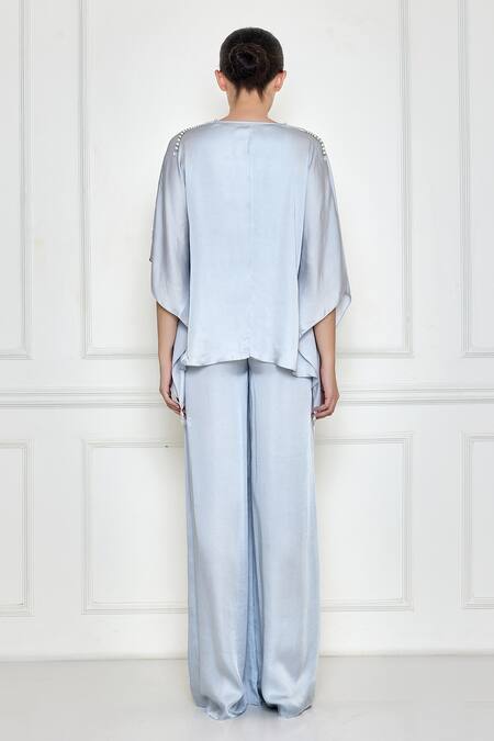 Shop Dilnaz Grey Cotton Satin Pearls V-neck Ruched Kaftan With Jumpsuit at Aza Fashions Shop_Dilnaz_Grey Cotton Satin Pearls V-neck Ruched Kaftan With Jumpsuit_at_Aza_Fashions