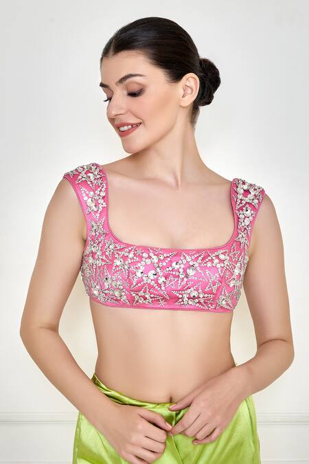 Dilnaz_Pink Polyester Satin Embroidered Jewel U Neck Star Embellished Blouse_Online_at_Aza_Fashions